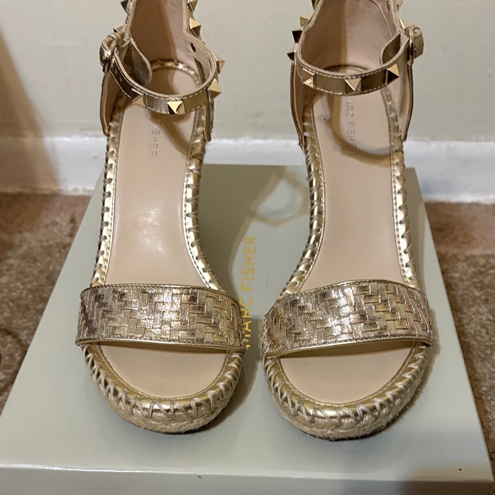 Marc Fisher Metallic Gold Woven Ankle-Strap Wedge Sandals